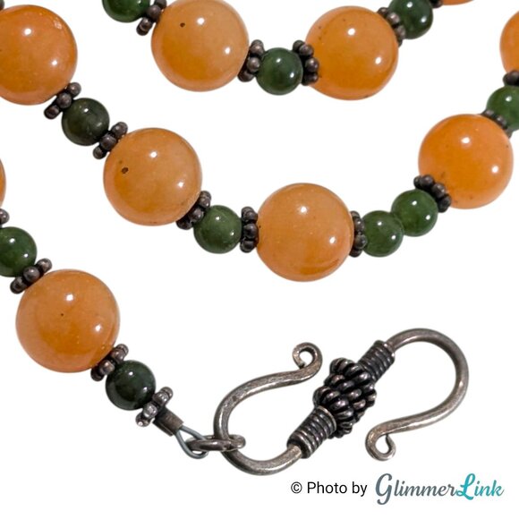 Vintage Sterling Silver Necklace Carnelian Quartz & Jade Beads 19" - Picture 5 of 14